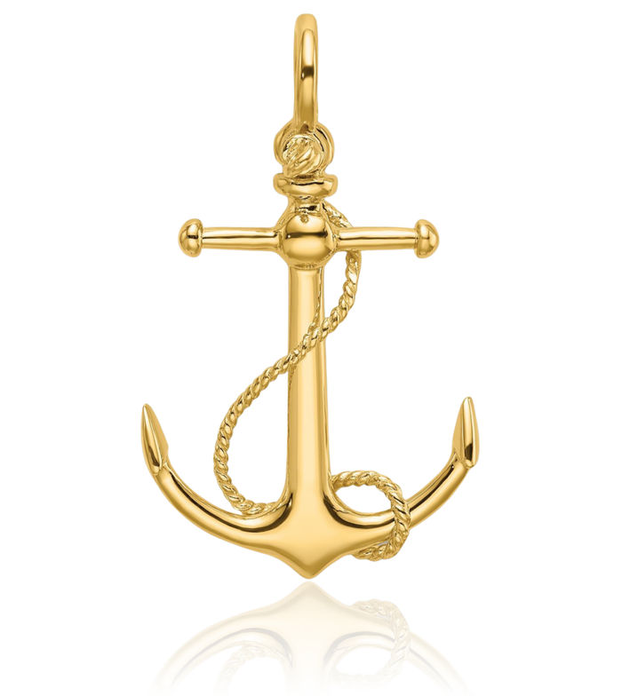 10K Solid Yellow Gold Anchor Mariner Long T Bar Shackle Necklace Nautical Charm Pendant