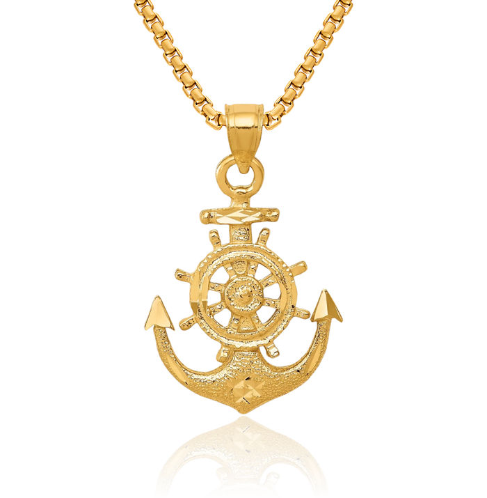 10K Solid Yellow Gold Anchor Mariner Necklace Nautical Charm Pendant