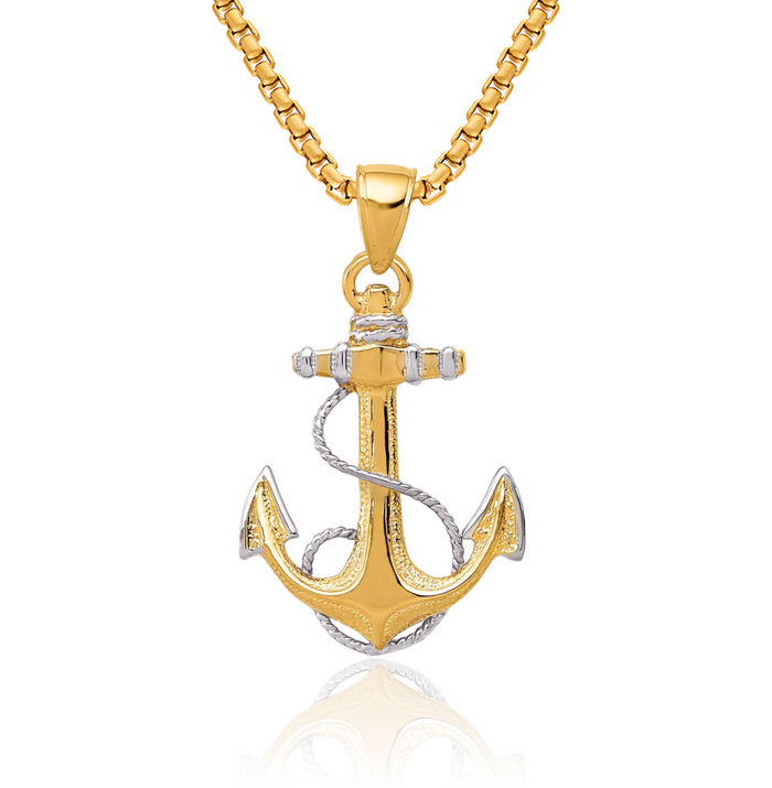 10K Solid Yellow Gold Anchor Mariner Rope Necklace Nautical Charm Pendant