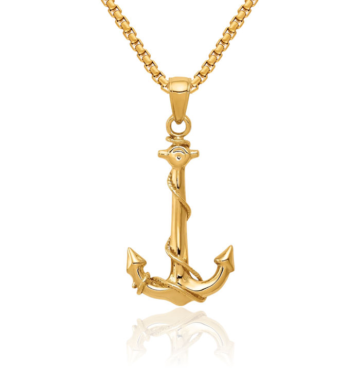 10K Solid Yellow Gold Anchor Mariner Rope Necklace Nautical Charm Pendant