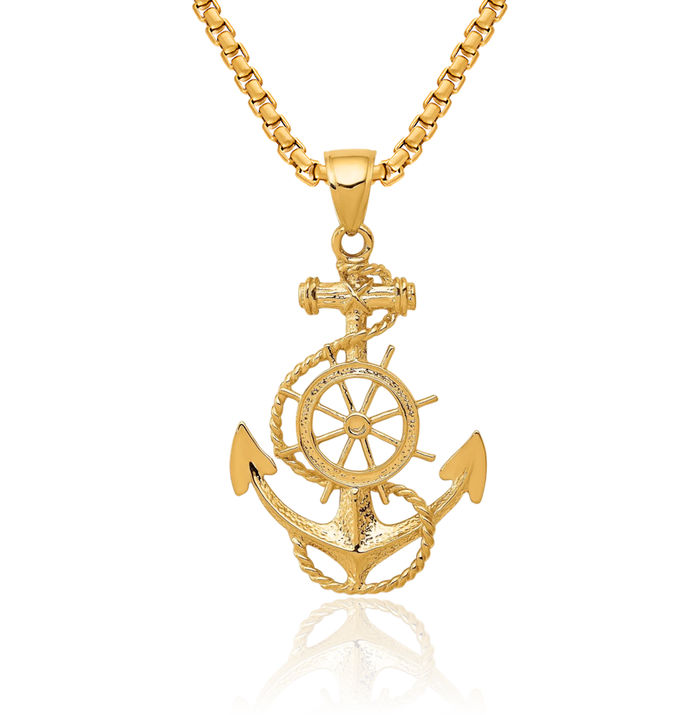 10K Solid Yellow Gold Anchor Mariner Wheel Necklace Nautical Charm Pendant