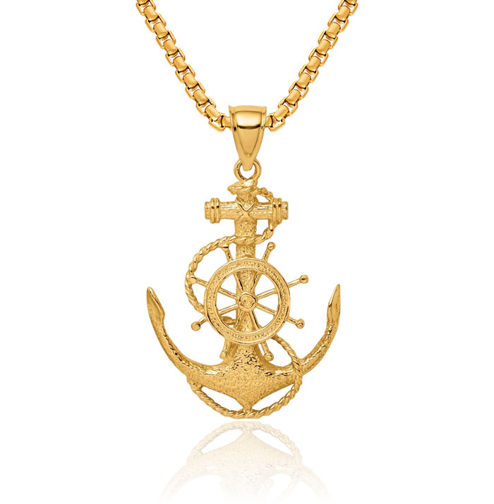 10K Solid Yellow Gold Anchor Mariner Wheel Necklace Nautical Charm Pendant