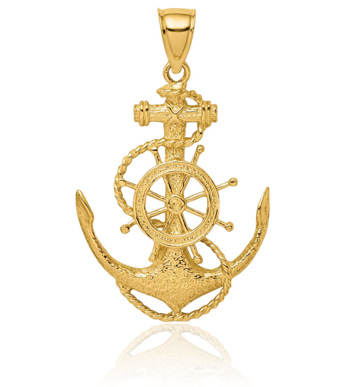 10K Solid Yellow Gold Anchor Mariner Wheel Necklace Nautical Charm Pendant