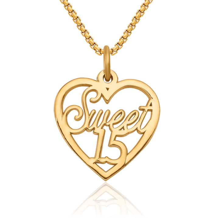 10K Solid Yellow Gold Anos Quinceanera Sweet 15 Years Old Birthday Heart Necklace Love Pendant Charm