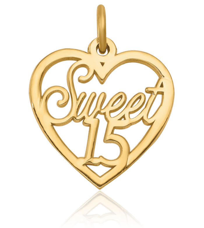 10K Solid Yellow Gold Anos Quinceanera Sweet 15 Years Old Birthday Heart Necklace Love Pendant Charm