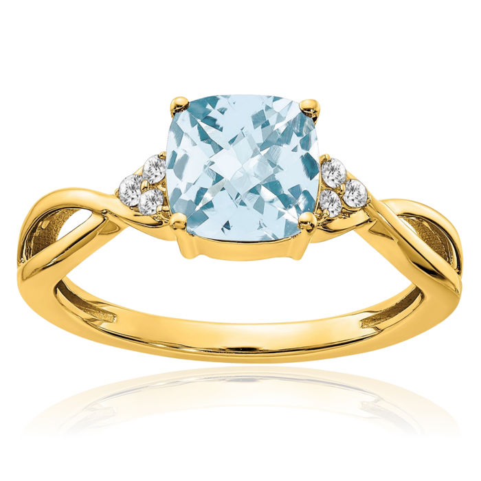 10K Solid Yellow Gold Blue Aquamarine Diamond Ring Gemstone Band March Birthstone Jewelry