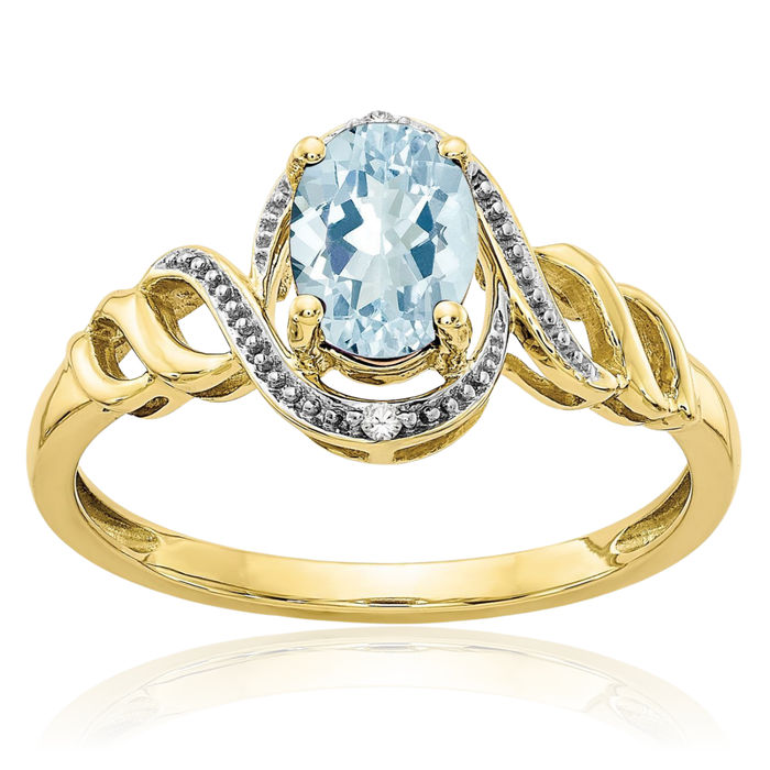 10K Solid Yellow Gold Blue Aquamarine Diamond Ring Gemstone Band March Birthstone Jewelry