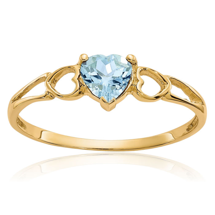 10K Solid Yellow Gold Blue Aquamarine Heart Ring Gemstone Love Band March Birthstone Jewelry