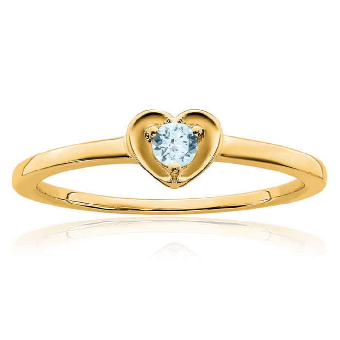 10K Solid Yellow Gold Blue Aquamarine Heart Ring Gemstone Love Band March Birthstone Jewelry