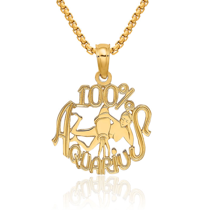 10K Solid Yellow Gold 100% Aquarius Zodiac Necklace Water Bearer Horoscope Pendant January February Birthday Charm Astrology Jewelry