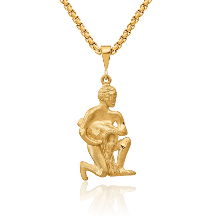 10K Solid Yellow Gold Aquarius Zodiac Necklace Water Bearer Horoscope Pendant January February Birthday Charm Astrology Jewelry