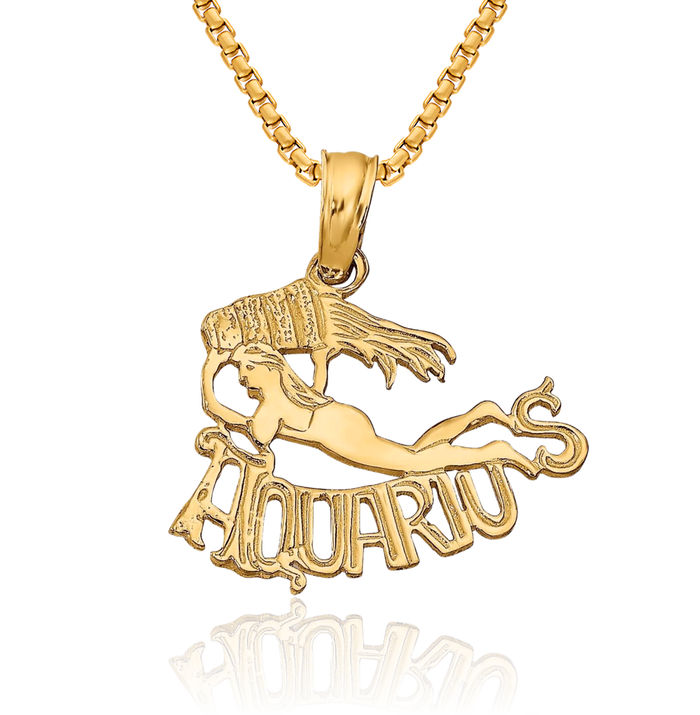 10K Solid Yellow Gold Aquarius Zodiac Necklace Water Bearer Horoscope Pendant January February Birthday Charm Astrology Jewelry