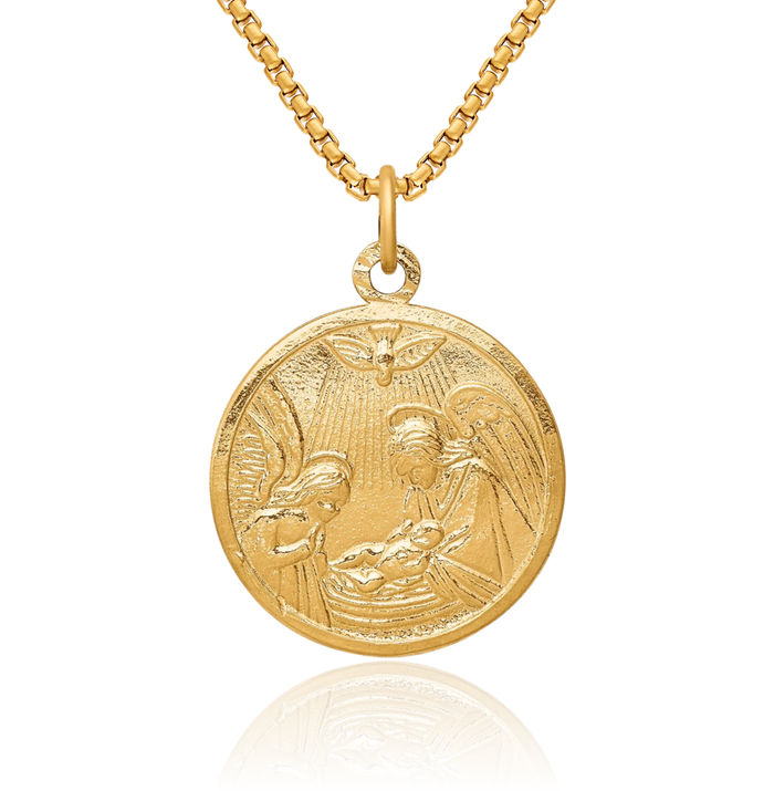 10K Solid Yellow Gold Baptism Christening Initiation Disc Necklace Christian Religious Chain Pendant Faith Charm