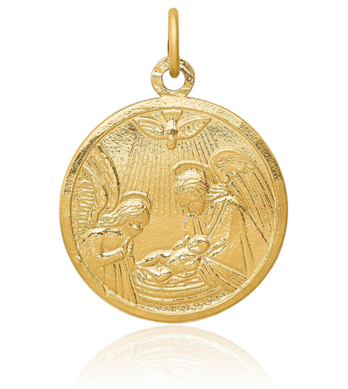 10K Solid Yellow Gold Baptism Christening Initiation Disc Necklace Christian Religious Chain Pendant Faith Charm