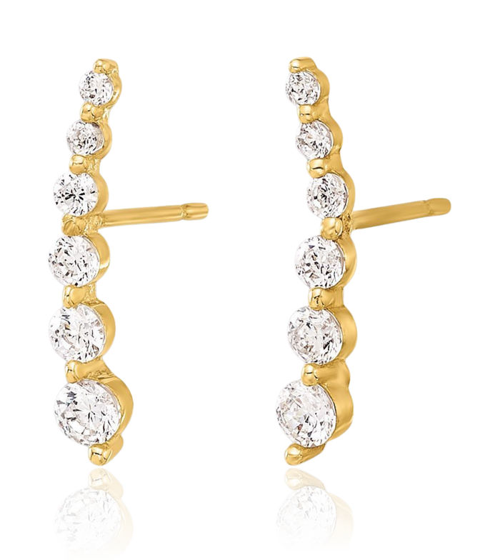 10K Solid Yellow Gold Bar Cubic Zirconia CZ Line Stud Earrings