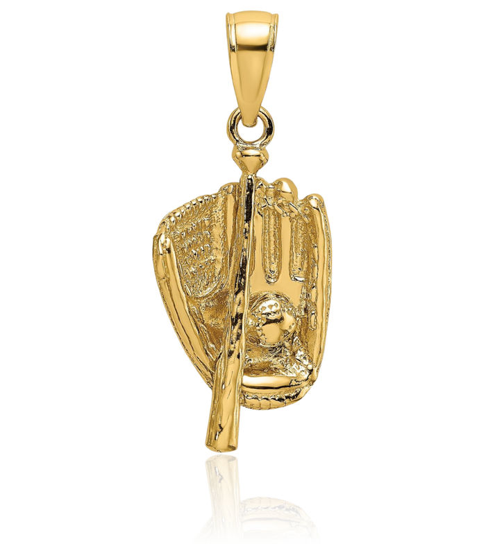 10K Solid Yellow Gold Baseball Glove Bat Ball Necklace Softball Charm Sports Pendant