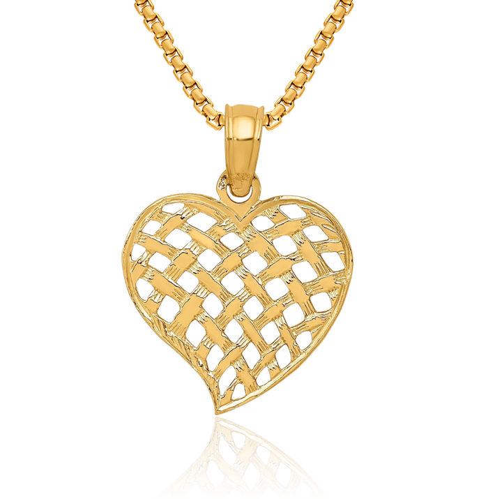 10K Solid Yellow Gold Basket Weave Heart Necklace Love Pendant Charm