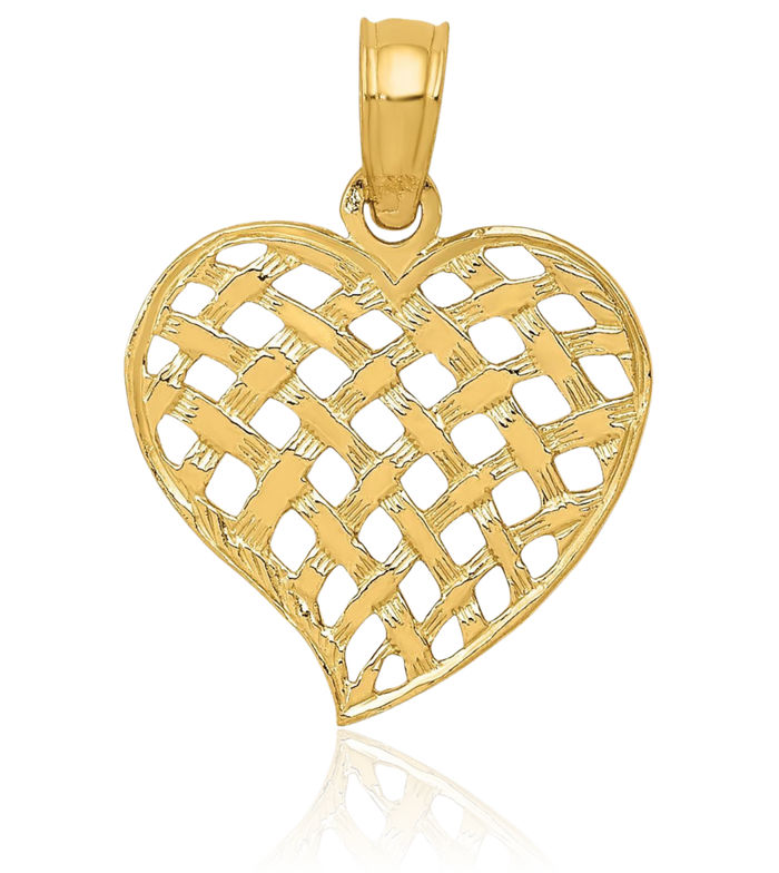 10K Solid Yellow Gold Basket Weave Heart Necklace Love Pendant Charm