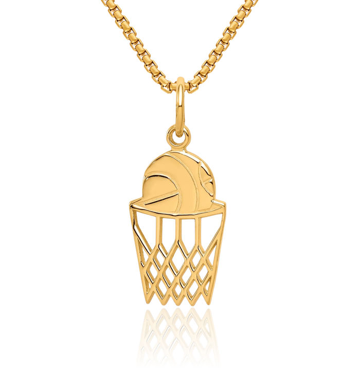 10K Solid Yellow Gold Basketball Necklace Charm Sports Pendant