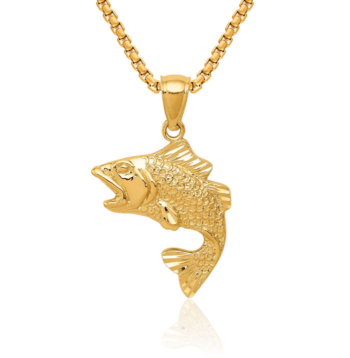 10K Solid Yellow Gold Bass Fish Necklace Chain Pendant Charm
