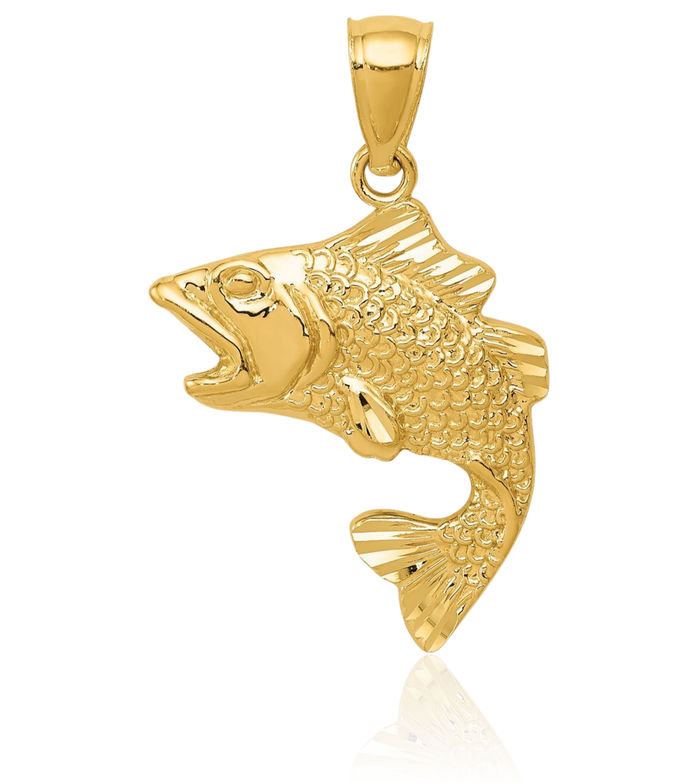 10K Solid Yellow Gold Bass Fish Necklace Chain Pendant Charm