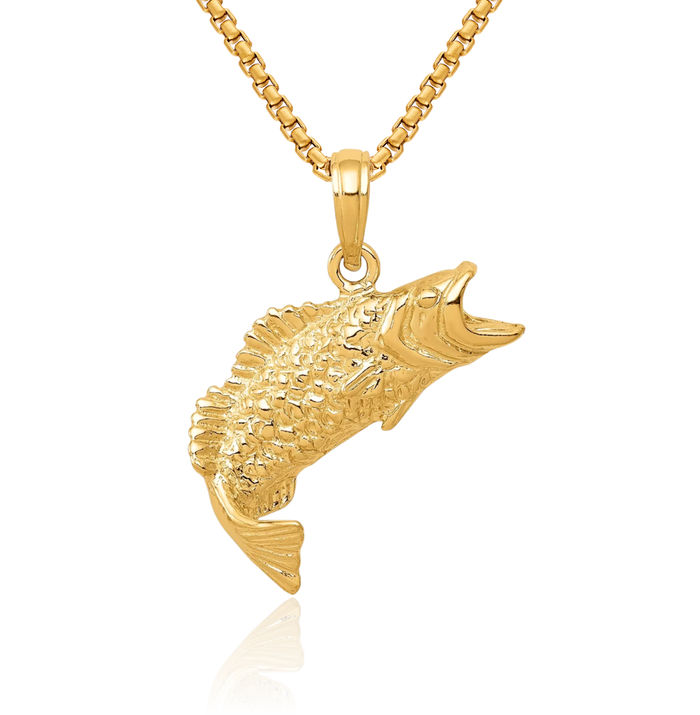 10K Solid Yellow Gold Bass Fish Necklace Chain Pendant Charm