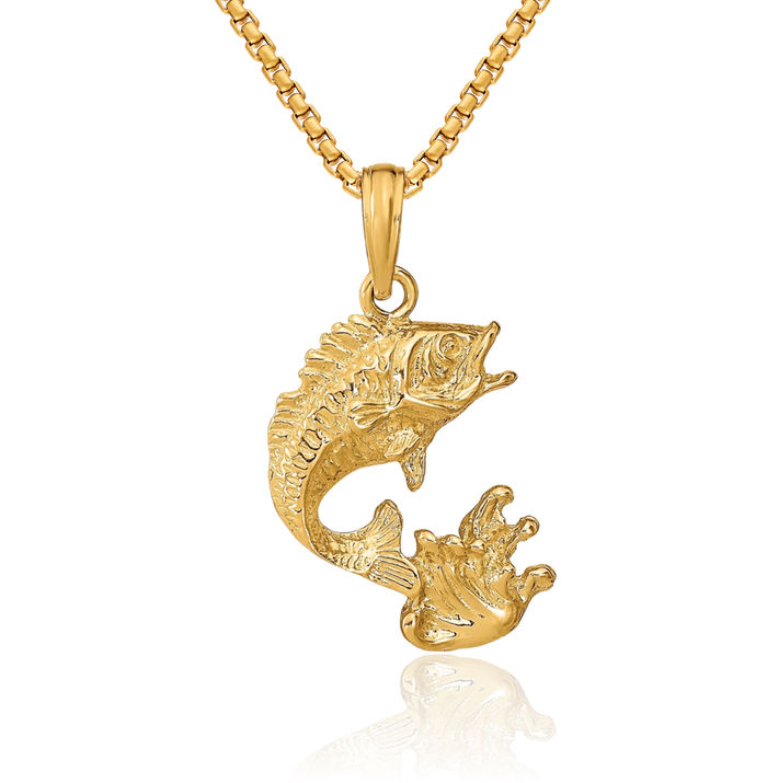 10K Solid Yellow Gold Bass Fish Necklace Chain Pendant Charm