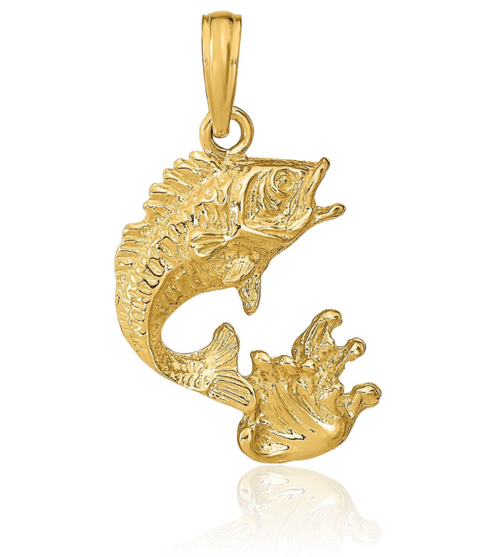 10K Solid Yellow Gold Bass Fish Necklace Chain Pendant Charm