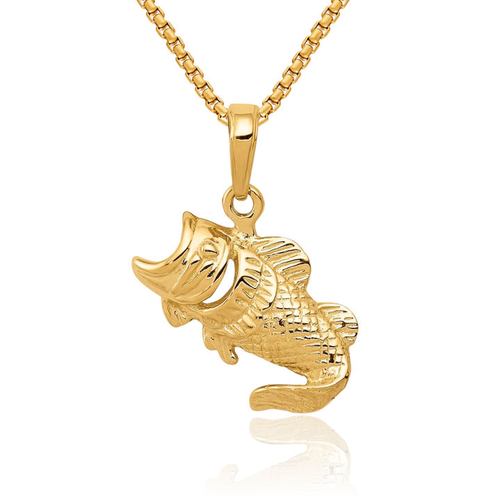 10K Solid Yellow Gold Bass Fish Necklace Chain Pendant Charm