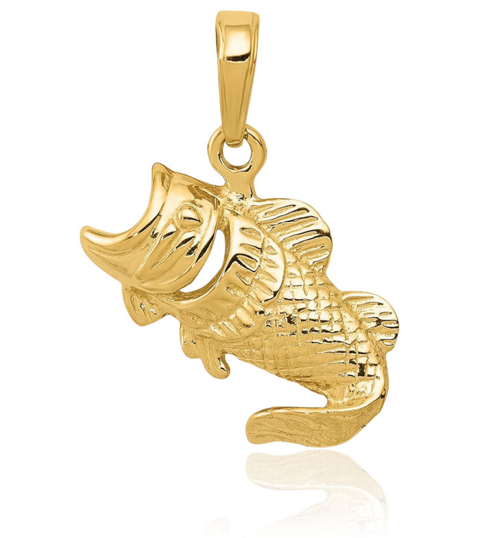 10K Solid Yellow Gold Bass Fish Necklace Chain Pendant Charm