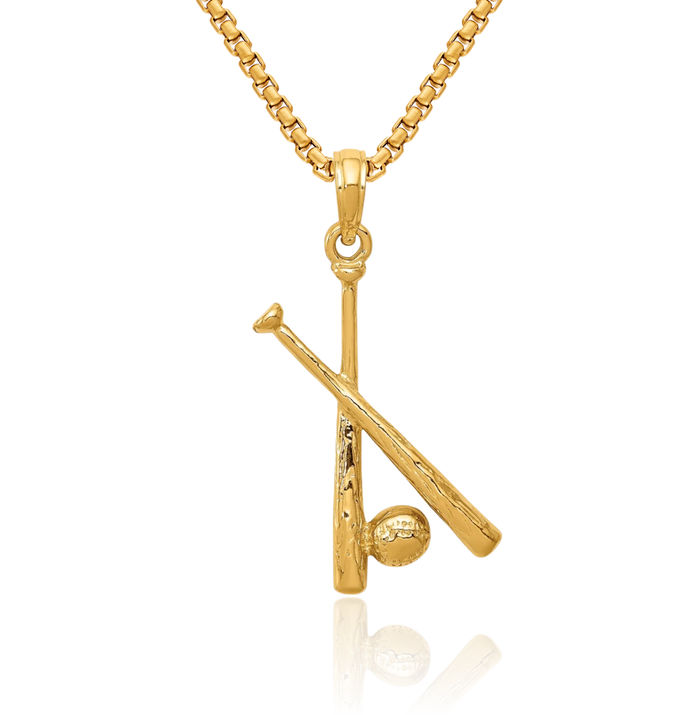 10K Solid Yellow Gold Bats Baseball Necklace Softball Charm Sports Pendant