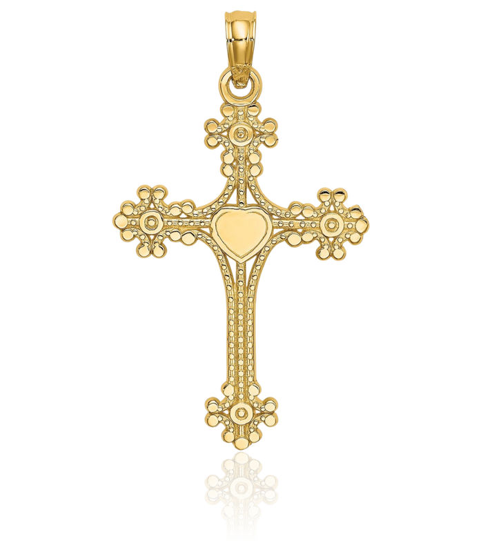 10K Solid Yellow Gold Beaded Holy Cross Heart Necklace Religious Chain Pendant Jesus Christ Charm