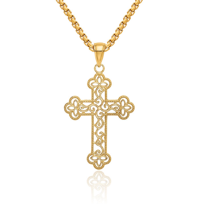 10K Solid Yellow Gold Beaded Edge Holy Cross Necklace Religious Chain Pendant Jesus Christ Charm