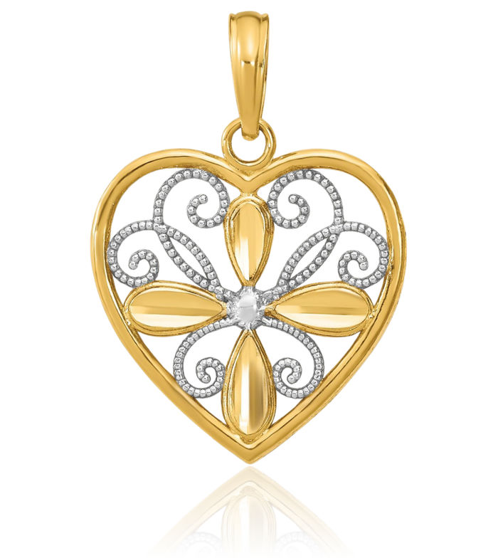 10K Solid Yellow Gold Beaded Antique Filigree Heart Necklace Love Pendant Charm