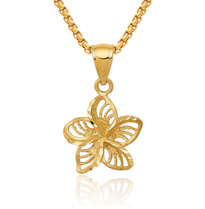 10K Solid Yellow Gold Beaded Hawaiian Plumeria Flower Necklace Chain Pendant Charm