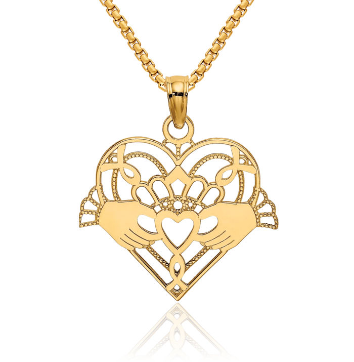 10K Solid Yellow Gold Beaded Heart Irish Claddagh Necklace Celtic Charm Pendant Jewelry