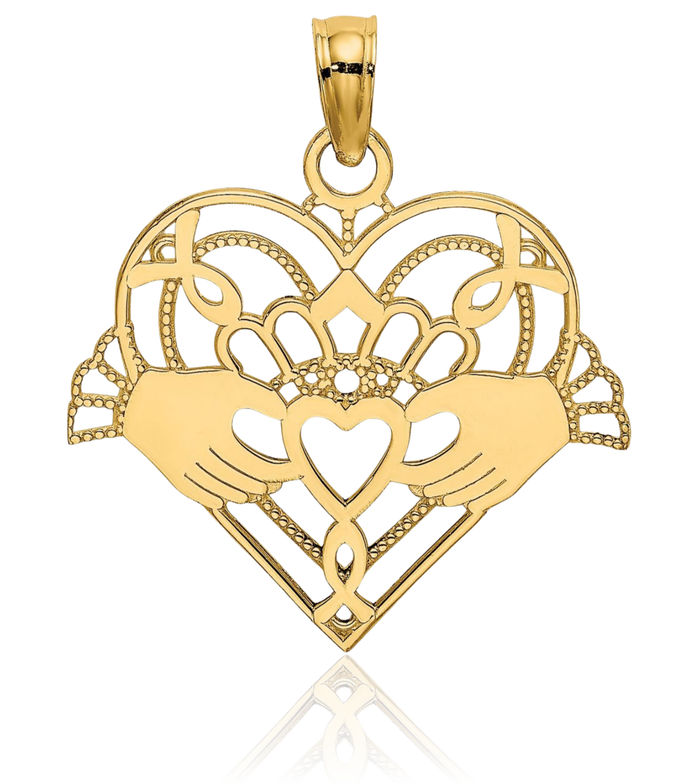 10K Solid Yellow Gold Beaded Heart Irish Claddagh Necklace Celtic Charm Pendant Jewelry
