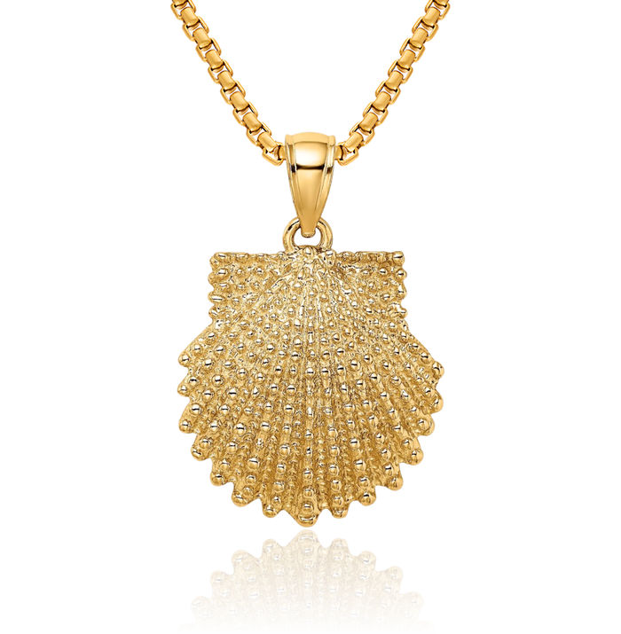 10K Solid Yellow Gold Beaded Scallop Shell Necklace Chain Pendant Charm