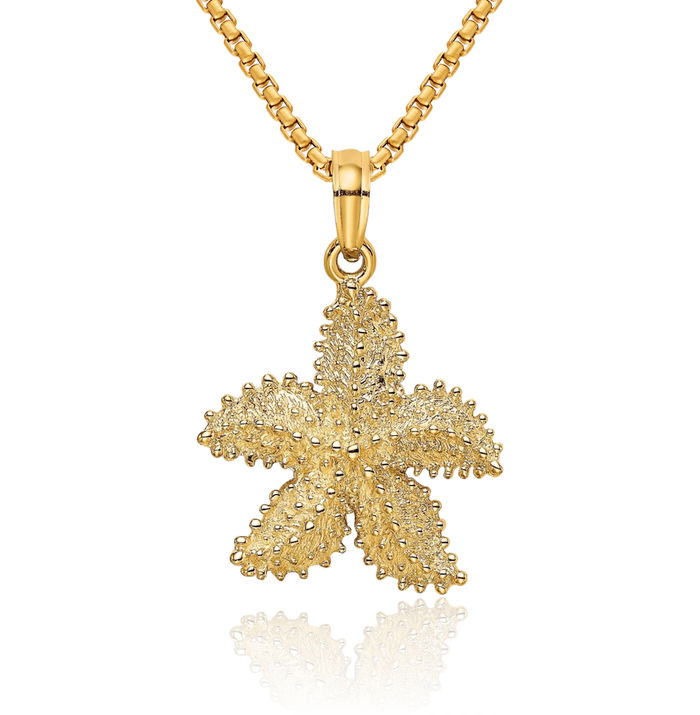 10K Solid Yellow Gold Beaded Starfish Necklace Chain Pendant Charm