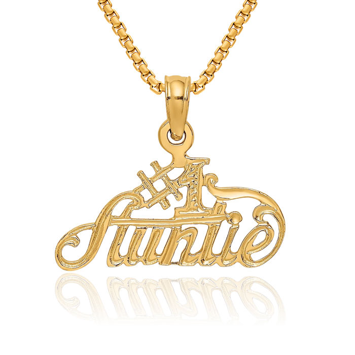 10K Solid Yellow Gold Best Auntie Necklace Aunt Pendant Family Charm
