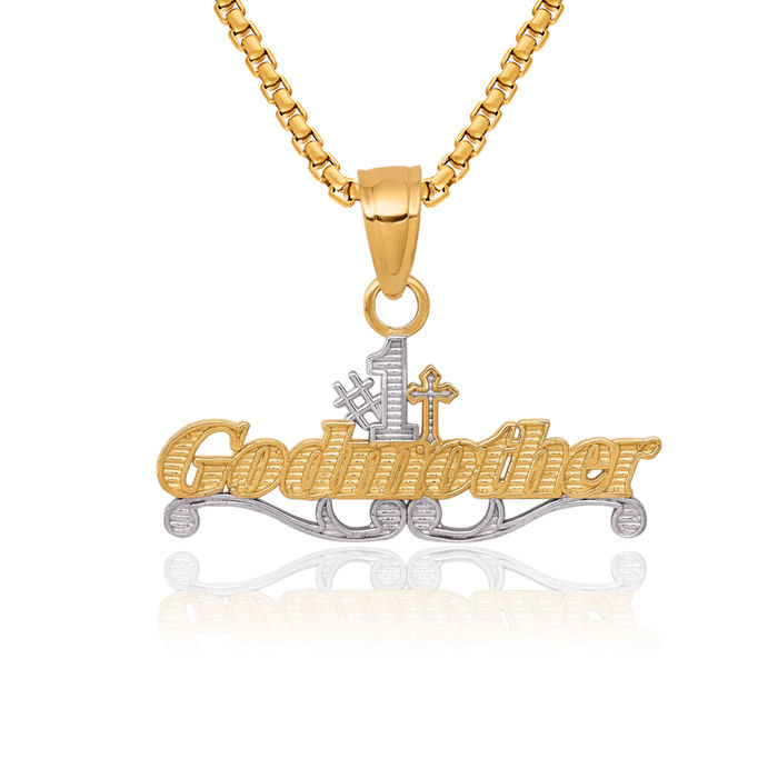 10K Solid Yellow Gold Best Godmother Necklace Chain Pendant Charm