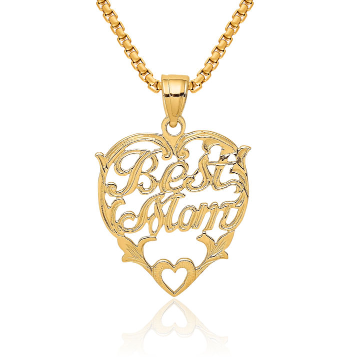 10K Solid Yellow Gold Best Mom Heart Necklace Mama Charm Mother Pendant