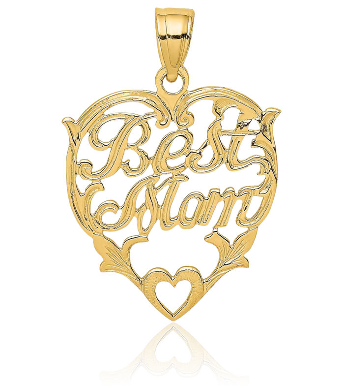 10K Solid Yellow Gold Best Mom Heart Necklace Mama Charm Mother Pendant