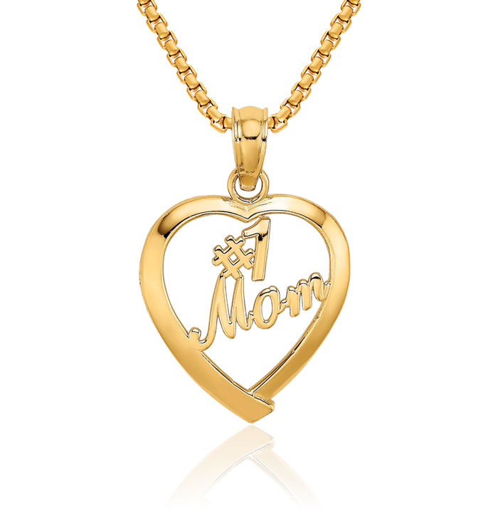 10K Solid Yellow Gold Best Mom Heart Necklace Mama Charm Mother Pendant