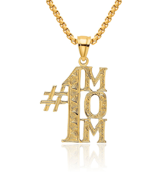 10K Solid Yellow Gold Best Mom Necklace Mama Charm Mother Pendant