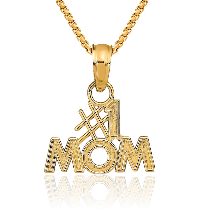 10K Solid Yellow Gold Best Mom Necklace Mama Charm Mother Pendant