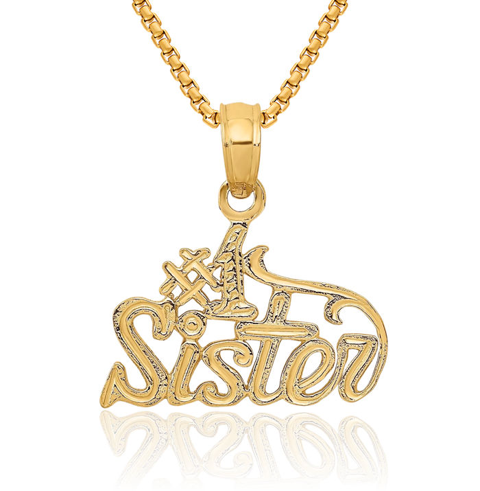 10K Solid Yellow Gold Best Sister Necklace Chain Pendant Charm