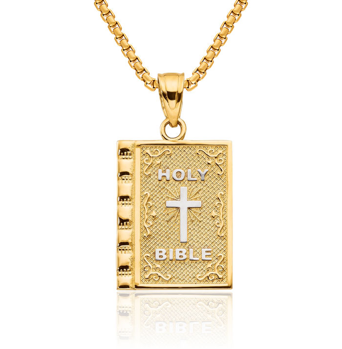 10K Solid Yellow Gold Holy Bible Necklace Chain Pendant Charm