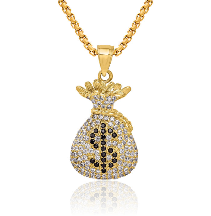 10K Solid Yellow Gold Black Cubic Zirconia CZ Money Bag Necklace Chain Pendant Charm