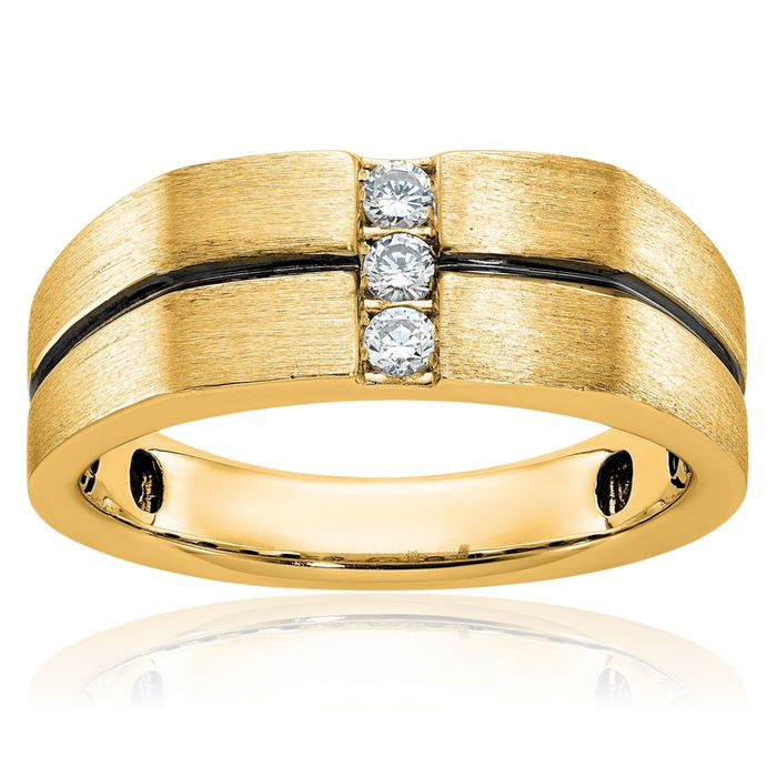 10K Solid Yellow Gold Black Mens 3 Stone Diamond Wedding Band Ring